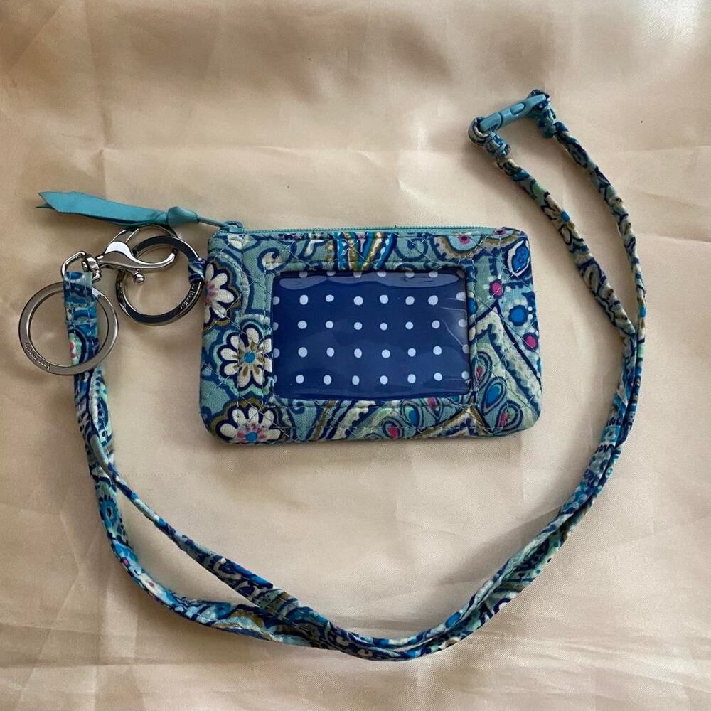 Vera Bradley Zip ID Case with Lanyard in a patterned blue paisley fabric